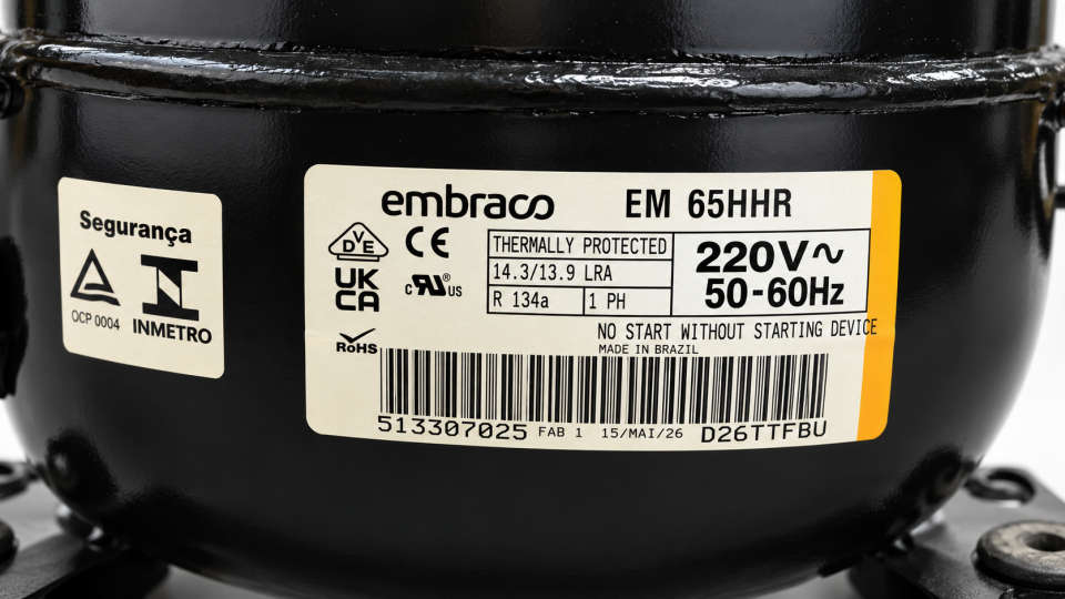 Embraco EM65HHR 1/5 HP R134a Hermetik Kompresör – 645 Watt – Brezilya Üretimi