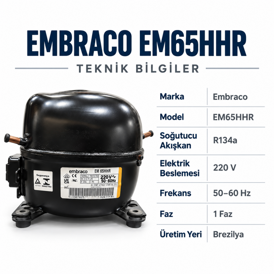 Embraco EM65HHR 1/5 HP R134a Hermetik Kompresör – 645 Watt – Brezilya Üretimi