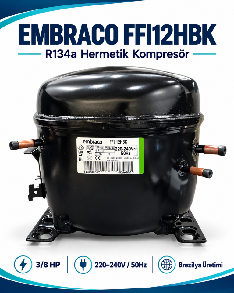 Embraco FFI12HBK 3/8 HP R134a Hermetik Kompresör – 1316 Watt – Brezilya Üretimi