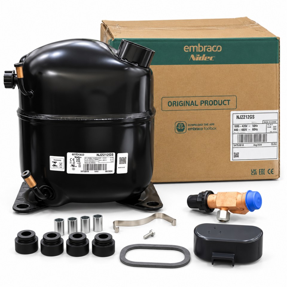 Embraco NJ2212GS 1,5 HP R404A 3 Faz Hermetik Kompresör – 1481 Watt – Slovakya Üretimi