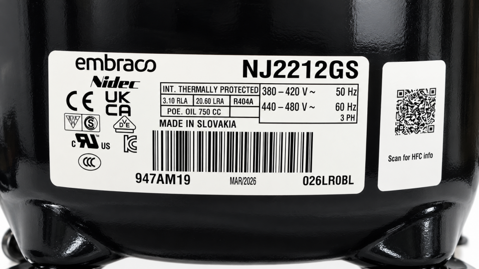 Embraco NJ2212GS 1,5 HP R404A 3 Faz Hermetik Kompresör – 1481 Watt – Slovakya Üretimi