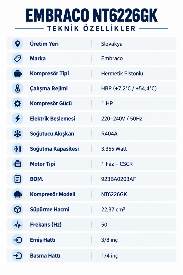 Embraco NT6226GK 1 HP R404A Hermetik Kompresör – 3355 Watt – Slovakya Üretimi