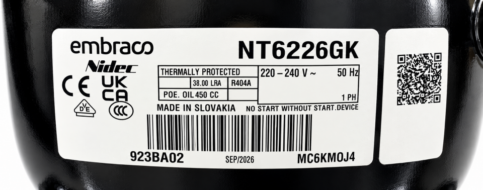 Embraco NT6226GK 1 HP R404A Hermetik Kompresör – 3355 Watt – Slovakya Üretimi