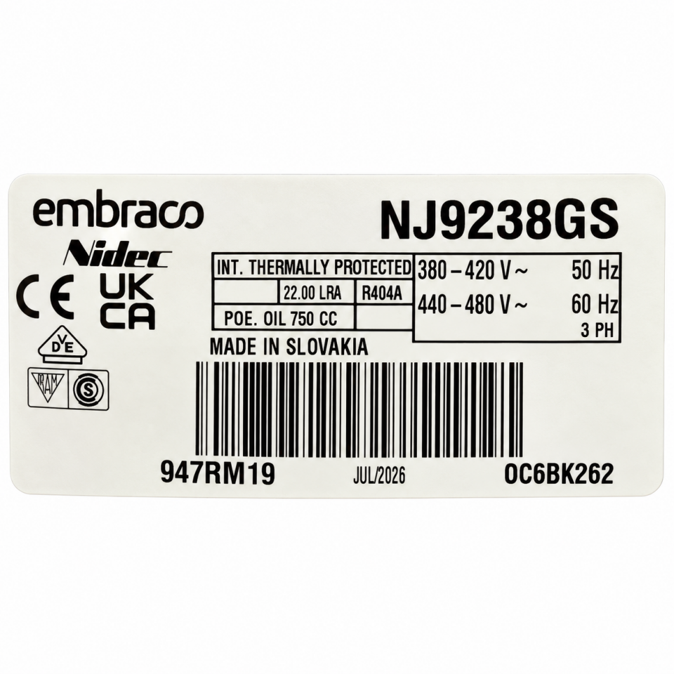 Embraco NJ9238GS 1,5 HP R404A Hermetik Kompresör – 4839 Watt – 3 Faz – Slovakya Üretimi