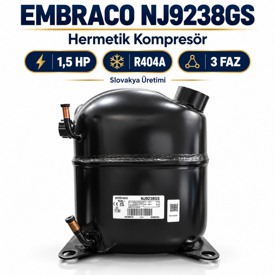 Embraco NJ9238GS 1,5 HP R404A Hermetik Kompresör – 4839 Watt – 3 Faz – Slovakya Üretimi